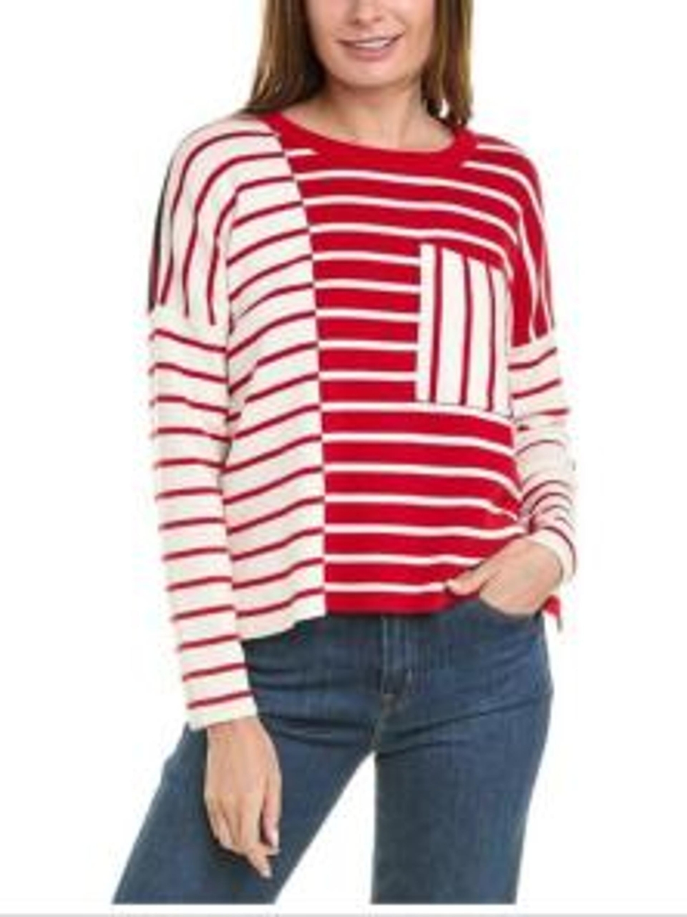 CAbi Oversized Small Red White Black Striped Crewneck Sweater